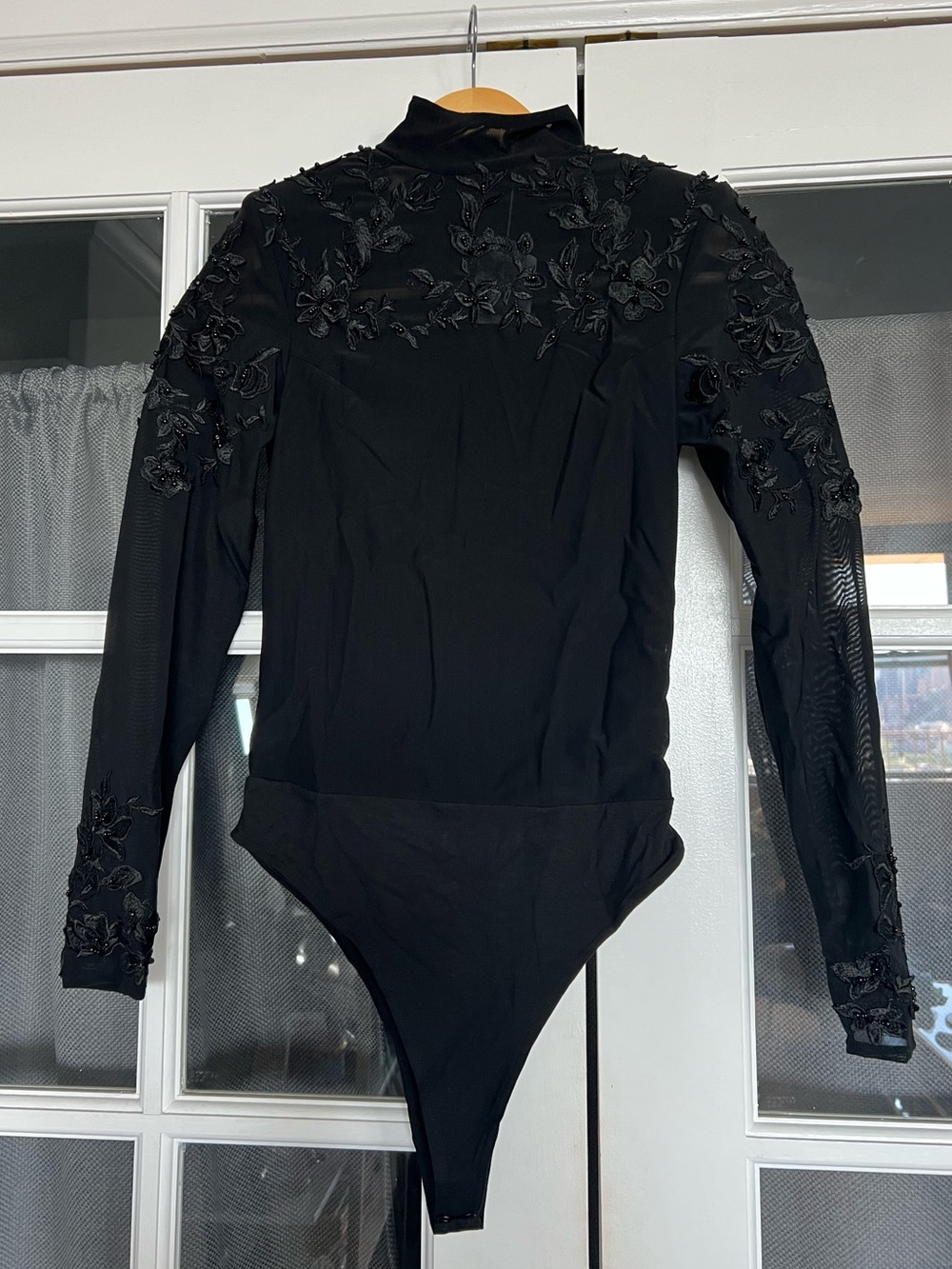 Jameela Jamil Black Long-Sleeve Embroidered Bodysuit